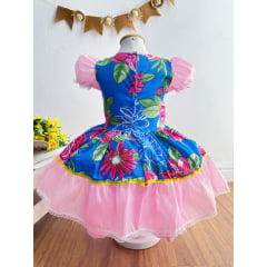 Vestido Infantil Junino Caipira Azul e Rosa Flores Coloridas