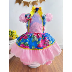 Vestido Infantil Junino Caipira Azul e Rosa Flores Coloridas