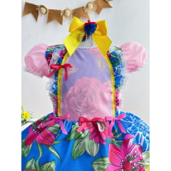 Vestido Infantil Junino Caipira Azul e Rosa Flores Coloridas