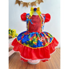 Vestido Infantil Junino Caipira Azul Flores Coloridas