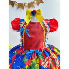 Vestido Infantil Junino Caipira Azul Flores Coloridas