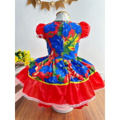Vestido Infantil Junino Caipira Azul Flores Coloridas