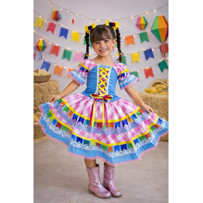 Vestido Infantil Junino Caipira Azul Saia Xadrex Colorido