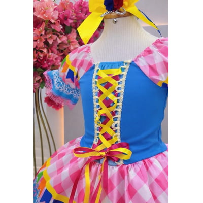 Vestido Infantil Junino Caipira Azul Saia Xadrex Colorido