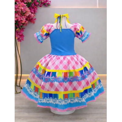 Vestido Infantil Junino Caipira Azul Saia Xadrex Colorido