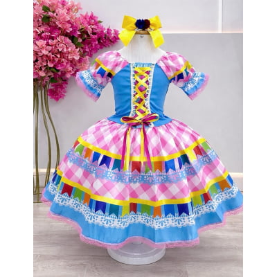 Vestido Infantil Junino Caipira Azul Saia Xadrex Colorido