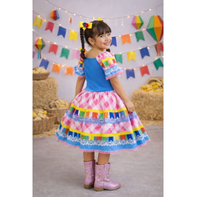 Vestido Infantil Junino Caipira Azul Saia Xadrex Colorido