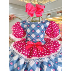 Vestido Infantil Junino Caipira Azul Xadrez Colorido Corações