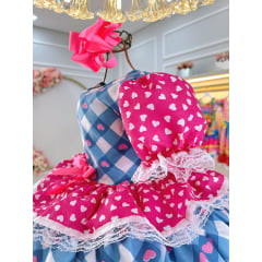 Vestido Infantil Junino Caipira Azul Xadrez Colorido Corações