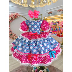 Vestido Infantil Junino Caipira Azul Xadrez Colorido Corações