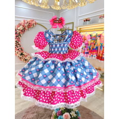 Vestido Infantil Junino Caipira Azul Xadrez Colorido Corações