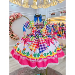 Vestido Infantil Junino Caipira C/ Balões Xadrez Colorido