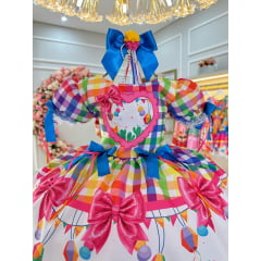 Vestido Infantil Junino Caipira C/ Balões Xadrez Colorido