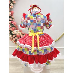 Vestido Infantil Junino Caipira Colorido Estampa Corações
