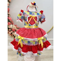 Vestido Infantil Junino Caipira Colorido Estampa Corações