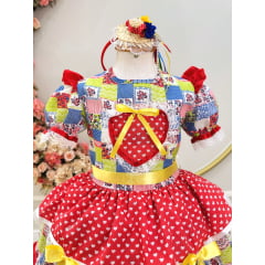 Vestido Infantil Junino Caipira Colorido Estampa Corações