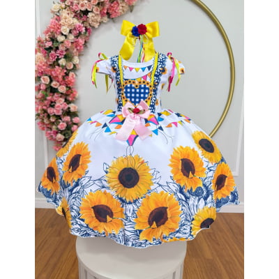Vestido Infantil Junino Caipira Festa São João Branco Girassol