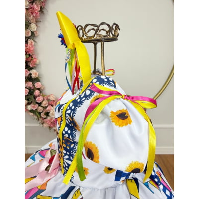 Vestido Infantil Junino Caipira Festa São João Branco Girassol
