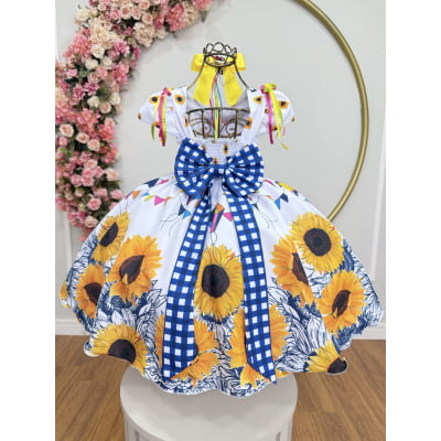 Vestido Infantil Junino Caipira Festa São João Branco Girassol