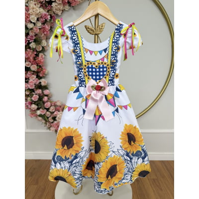 Vestido Infantil Junino Caipira Festa São João Branco Girassol