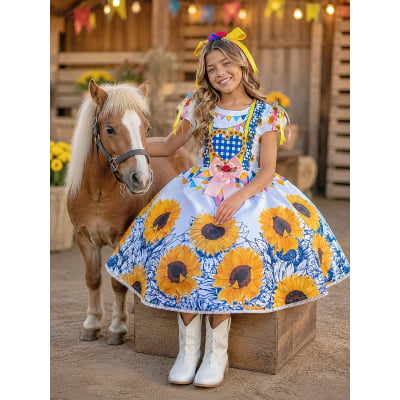 Vestido Infantil Junino Caipira Festa São João Branco Girassol Vestido Infantil Junino Caipira Festa São João Branco Girassol