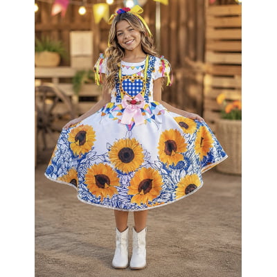 Vestido Infantil Junino Caipira Festa São João Branco Girassol