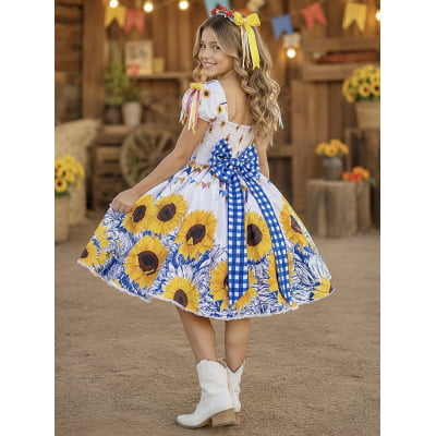 Vestido Infantil Junino Caipira Festa São João Branco Girassol