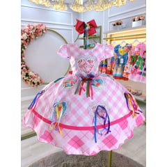 Vestido Infantil Junino Caipira Festa São João Xadrez Rosa