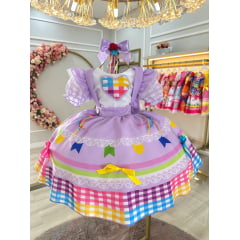 Vestido Infantil Junino Caipira Festas Lilás Colorido Luxo