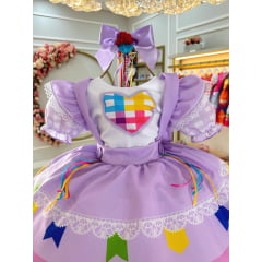 Vestido Infantil Junino Caipira Festas Lilás Colorido Luxo