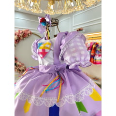 Vestido Infantil Junino Caipira Festas Lilás Colorido Luxo