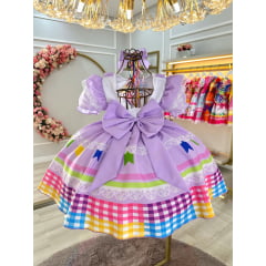 Vestido Infantil Junino Caipira Festas Lilás Colorido Luxo