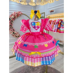 Vestido Infantil Junino Caipira Festas Pink Colorido Luxo