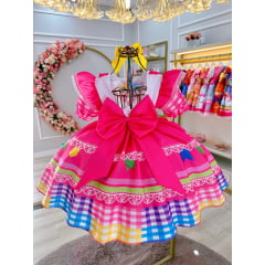 Vestido Infantil Junino Caipira Festas Pink Colorido Luxo