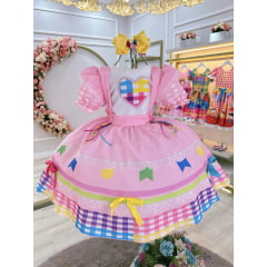 Vestido Infantil Junino Caipira Festas Rosa Colorido Luxo