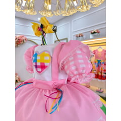 Vestido Infantil Junino Caipira Festas Rosa Colorido Luxo