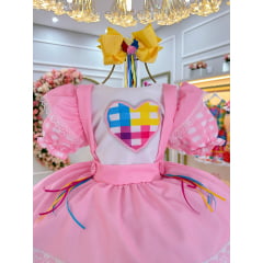 Vestido Infantil Junino Caipira Festas Rosa Colorido Luxo