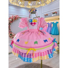 Vestido Infantil Junino Caipira Festas Rosa Colorido Luxo