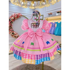 Vestido Infantil Junino Caipira Festas Rosa Colorido Luxo
