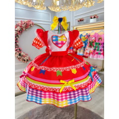 Vestido Infantil Junino Caipira Festas Vermelho Colorido Luxo