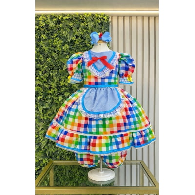 Vestido Infantil Junino Caipira Festas Xadrez Azul Colorido