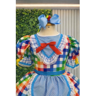 Vestido Infantil Junino Caipira Festas Xadrez Azul Colorido