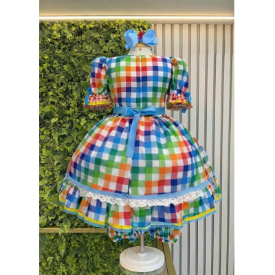 Vestido Infantil Junino Caipira Festas Xadrez Azul Colorido