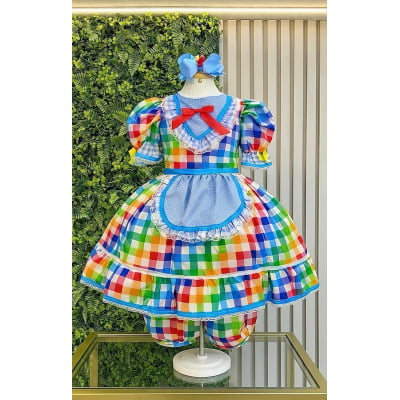 Vestido Infantil Junino Caipira Festas Xadrez Azul Colorido Vestido Infantil Junino Caipira Festas Xadrez Azul Colorido