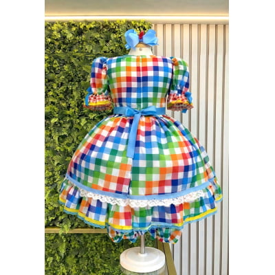 Vestido Infantil Junino Caipira Festas Xadrez Azul Colorido