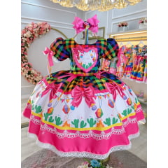 Vestido Infantil Junino Caipira Folia Balões Xadrez Colorido