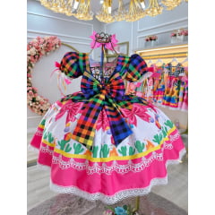 Vestido Infantil Junino Caipira Folia Balões Xadrez Colorido