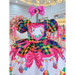 Vestido Infantil Junino Caipira Folia Balões Xadrez Colorido