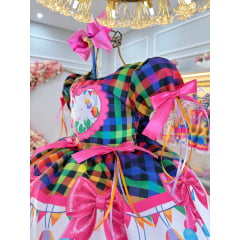 Vestido Infantil Junino Caipira Folia Balões Xadrez Colorido