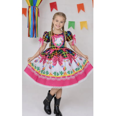 Vestido Infantil Junino Caipira Folia Balões Xadrez Colorido Vestido Infantil Junino Caipira Folia Balões Xadrez Colorido
